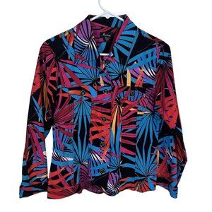 Vintage Analogy Womens Tropical Print Black Red Blue Long Sleeve Button Up Top S